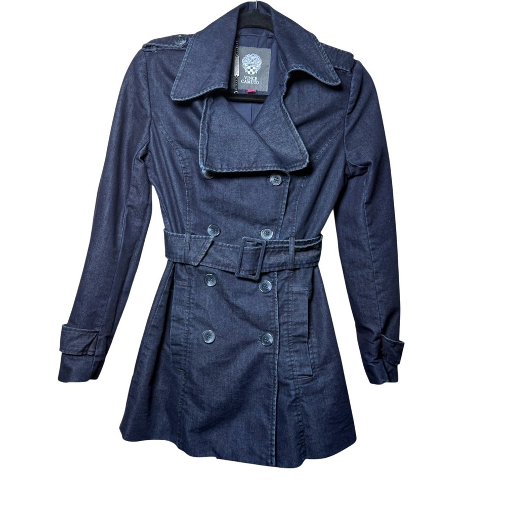 Vince Camuto denim dark wash double breasted belted trench coat Size XS